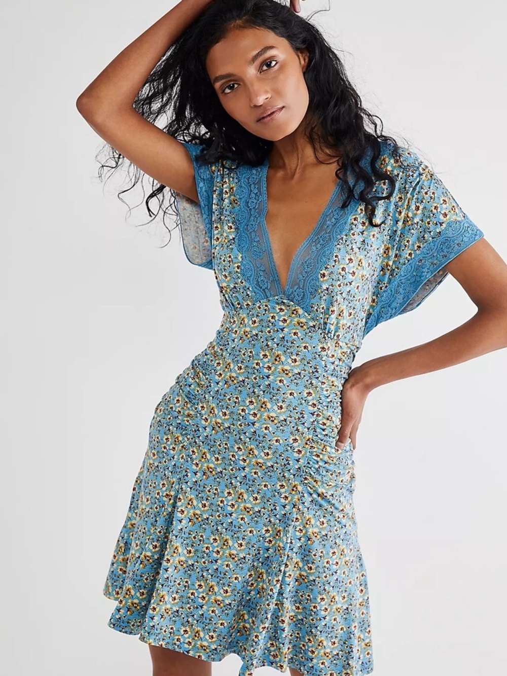 Free People Sweet Talker Mini Dress Short Sleeve V-neck Floral Blue Sz S